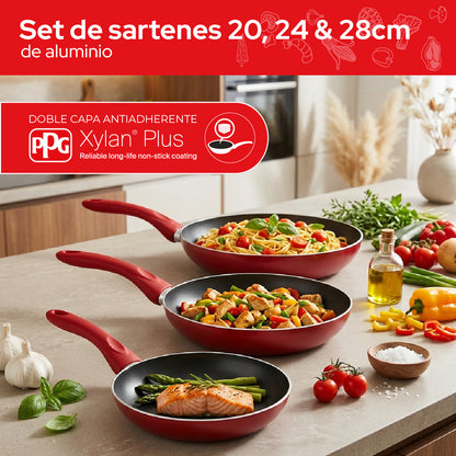 Set de 3 Sartenes Cookit 20, 24 y 28 cm Antiadherentes de Aluminio Xylan Plus Compatibles con Inducción y Todo Tipo de Estufas