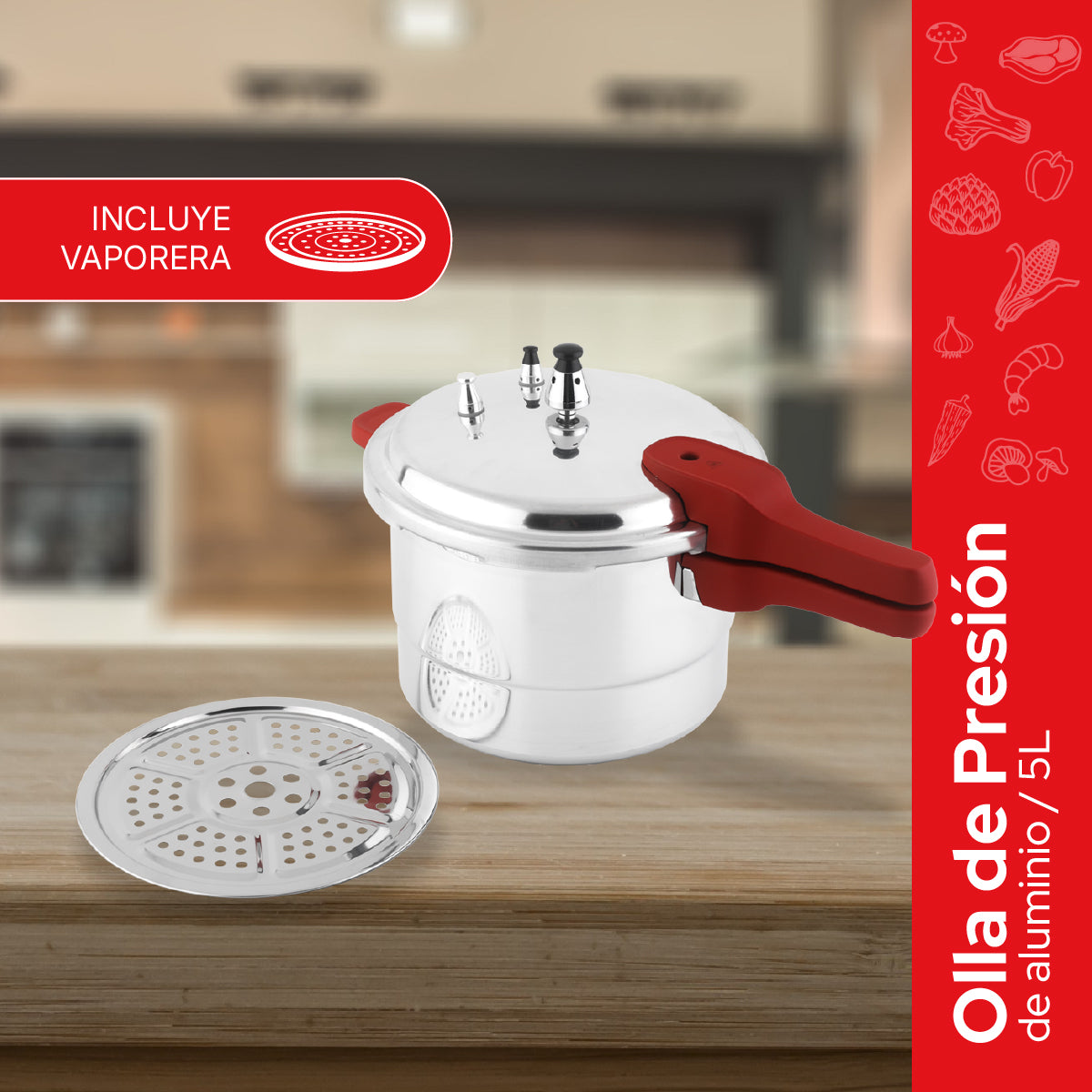 Cookit Olla de Presión 5L con Vaporera de Aluminio CAPC05