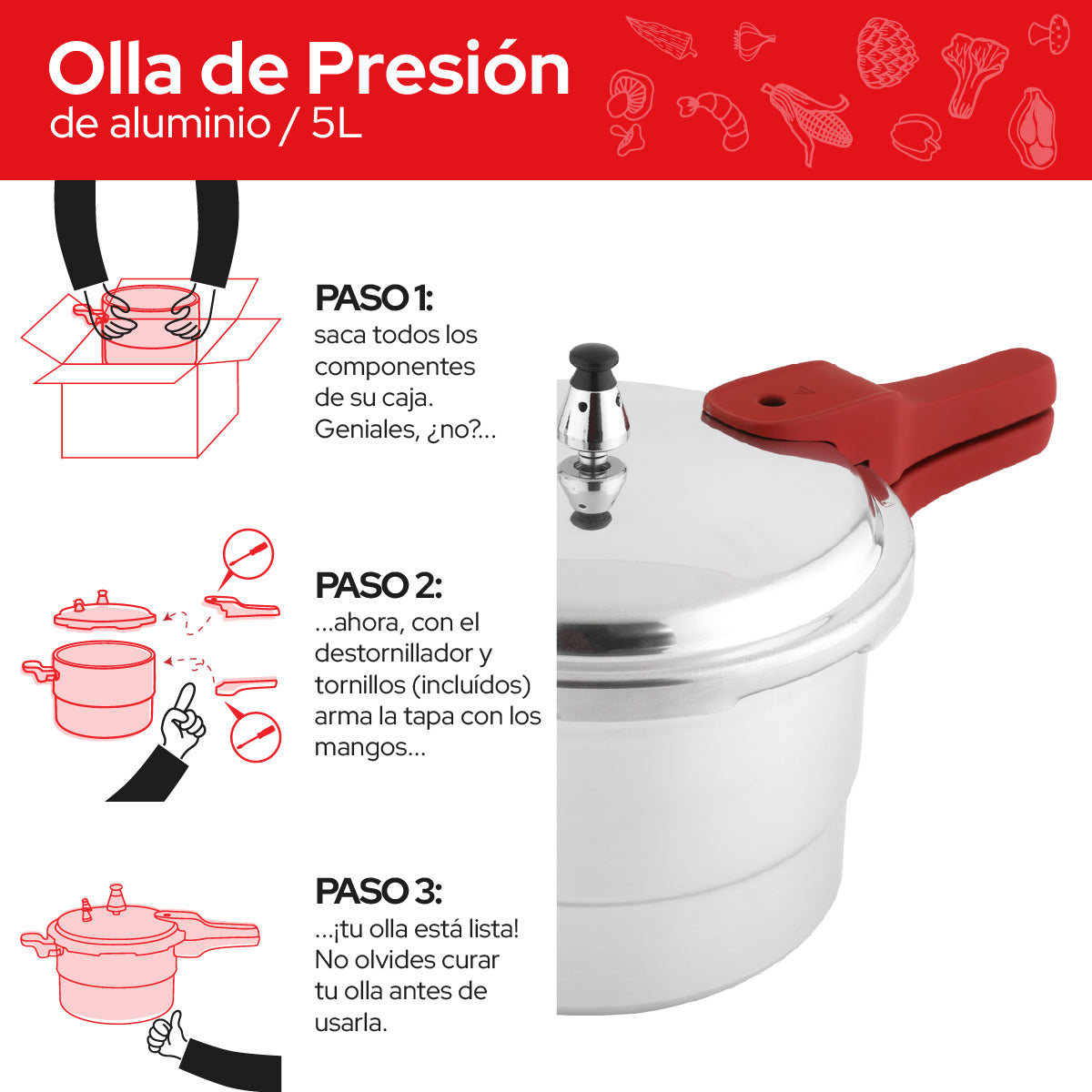 Cookit Olla de Presión 5L con Vaporera de Aluminio CAPC05