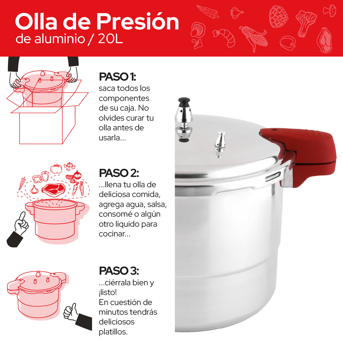 Cookit Olla de Presión 20L con Vaporera de Aluminio CAPC20