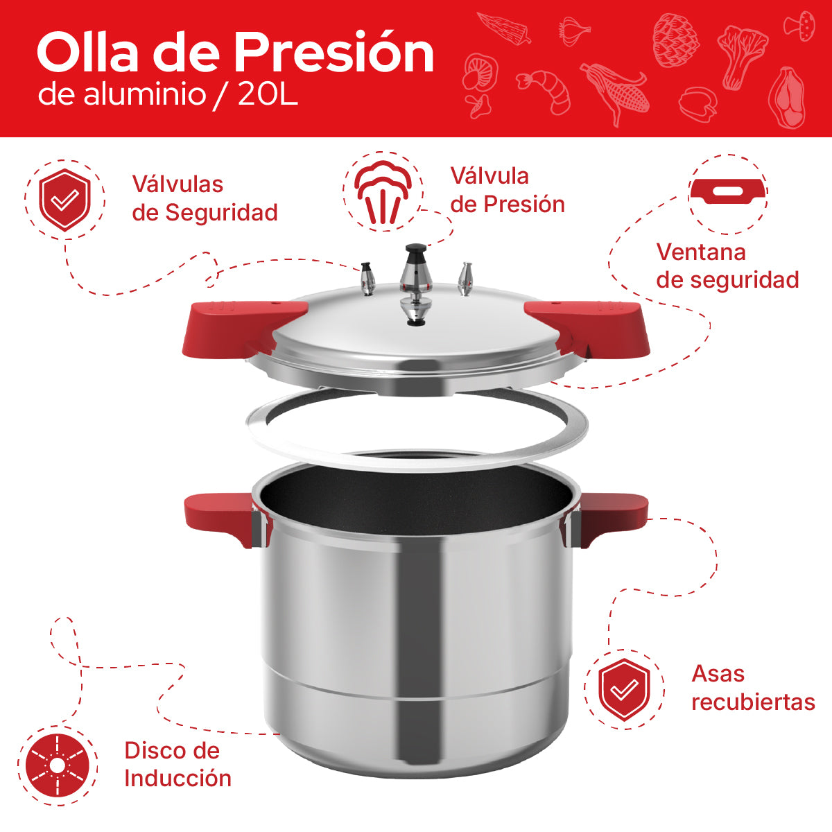 Cookit Olla de Presión 20L con Vaporera de Aluminio CAPC20