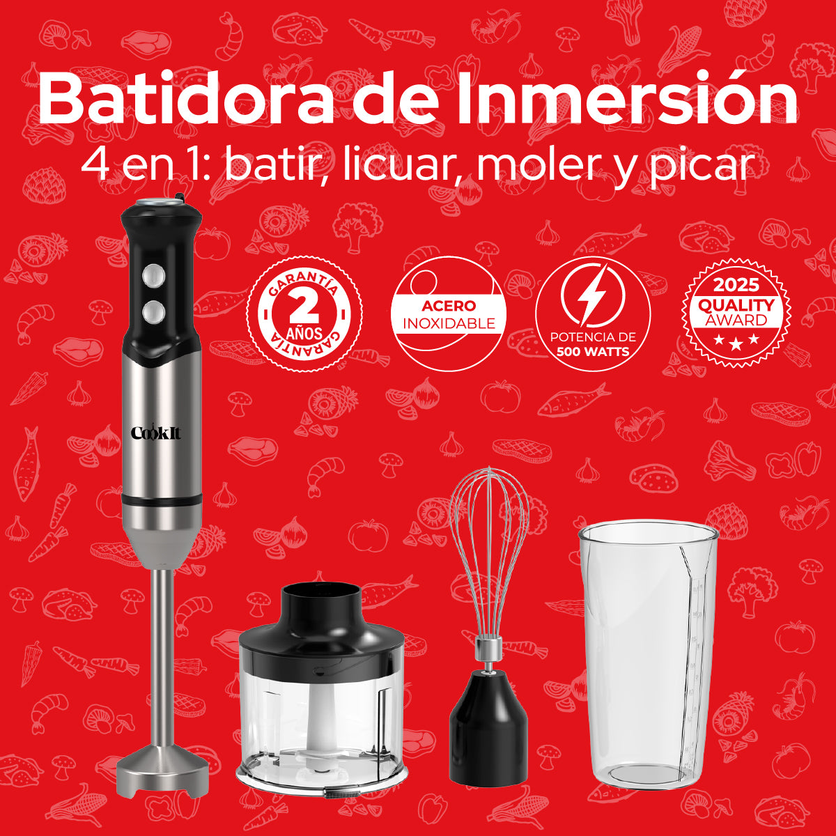 Cookit Batidora Inmersión  CHB04 500w 4en1 Acero Inox Con Accesorios
