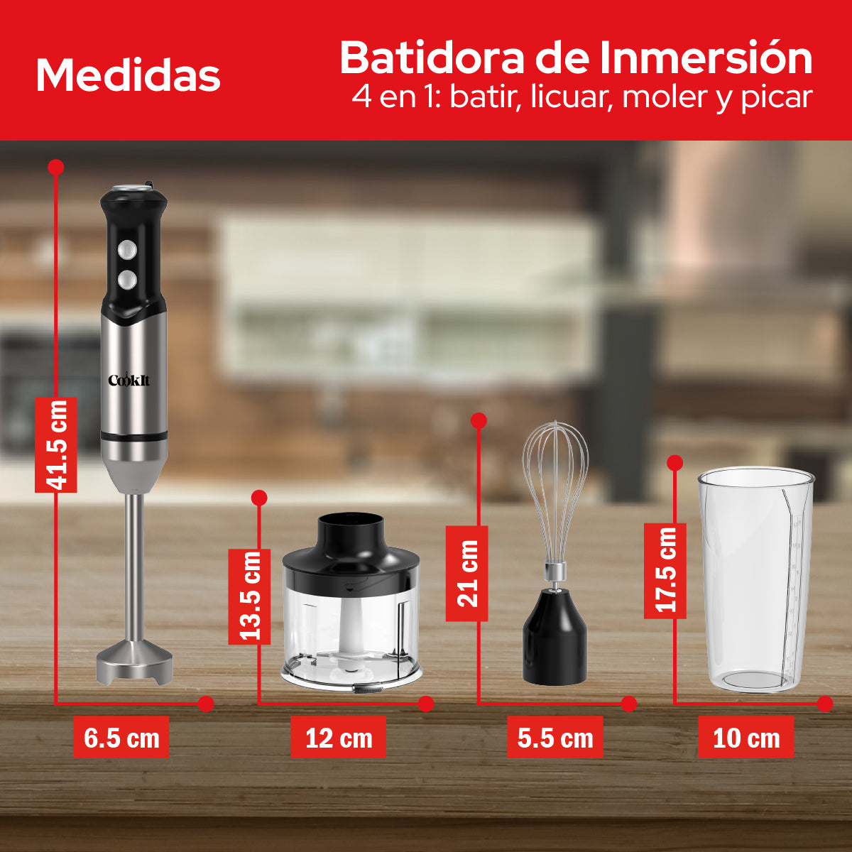 Cookit Batidora Inmersión  CHB04 500w 4en1 Acero Inox Con Accesorios