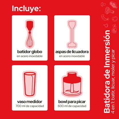 Cookit Batidora Inmersión  CHB04 500w 4en1 Acero Inox Con Accesorios