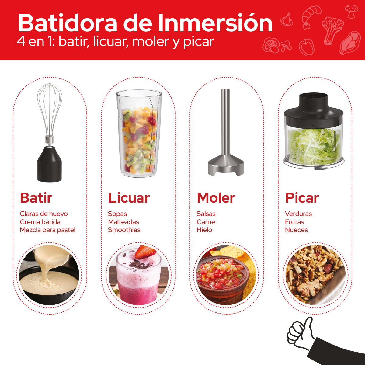 Cookit Batidora Inmersión  CHB04 500w 4en1 Acero Inox Con Accesorios