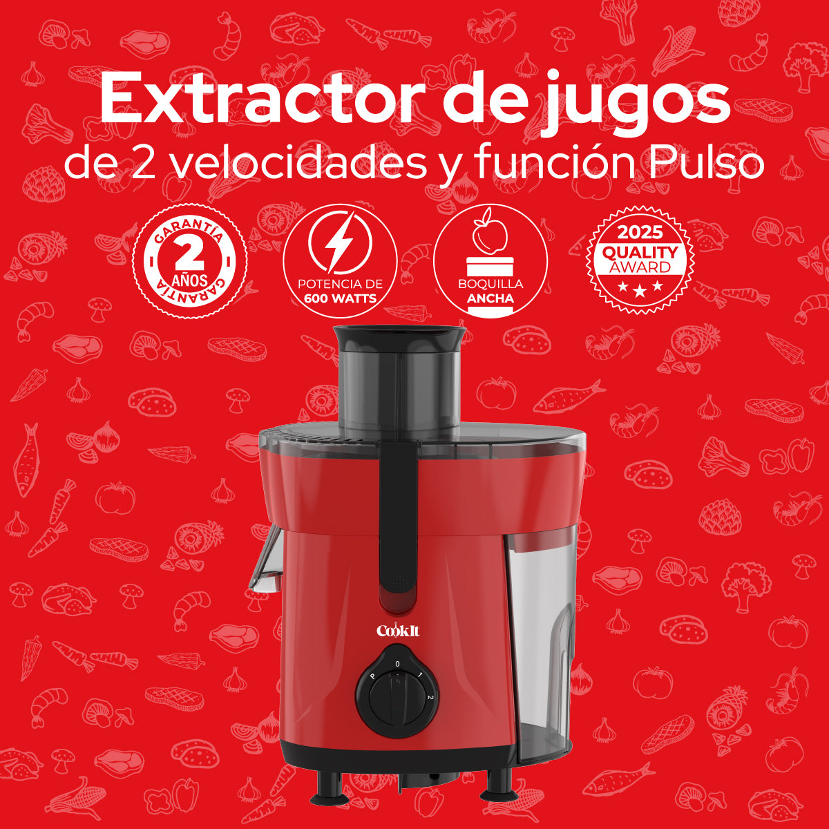 Cookit Extractor De Jugos Eléctrico CJ12 600w 2 Velocidades 1.2L Fácil Limpieza