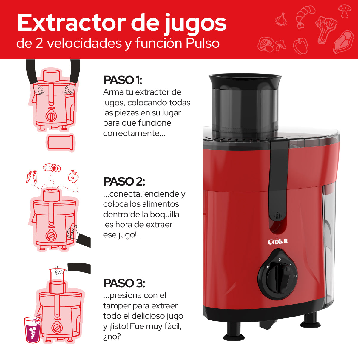 Cookit Extractor De Jugos Eléctrico CJ12 600w 2 Velocidades 1.2L Fácil Limpieza