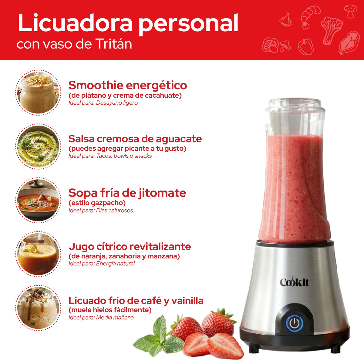 Cookit Licuadora Personal CPB06 500w Vaso Tritan 600ml Acero Inox