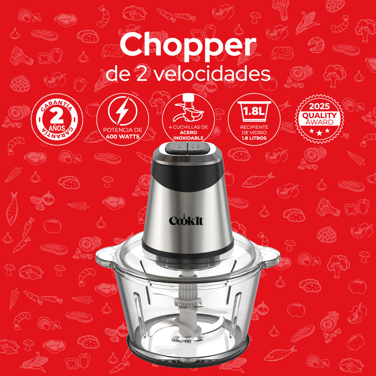 Cookit Procesador Alimentos CQCH18 400w 1.8l Vidrio 2 Velocidades