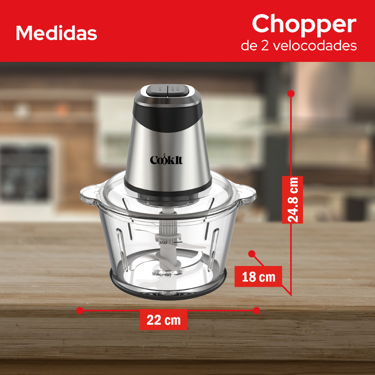 Cookit Procesador Alimentos CQCH18 400w 1.8l Vidrio 2 Velocidades